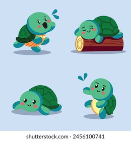 hand drawn flat cute turtle character cartoon set with sign  for elements, clipart