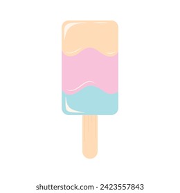 Helado dibujado a mano sobre un palo deliciosamente refrescante. El postre es dulce en tonos azules, rosas y beige. Dibujo vectorial plano de dibujos animados aislado en fondo blanco