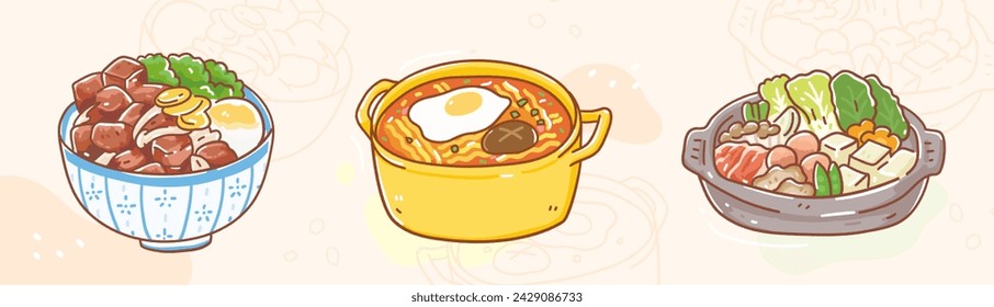 Conjunto de ilustración de comida asiática de diseño plano dibujado a mano.fideos coreanos, japón hot pot gyudon