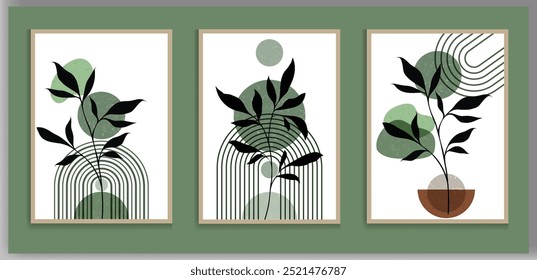 Hand drawn flat design boho wall art set in mid century style
