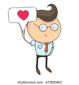 Hand drawn flat design colorful cartoon vector illustration. Art work or sticker with funny character. Young businessman or office manager holds a sign with a painted heart.