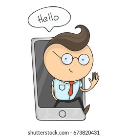Hand drawn flat design colorful cartoon vector illustration. Art work or sticker with funny character. Young businessman or office manager comes out through the smartphone screen and say hello.