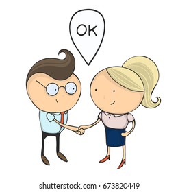Hand drawn flat design colorful cartoon vector illustration. Art work or sticker with funny character. Two young businessmans or office managers has agreed, stand opposite each other and shake hands.