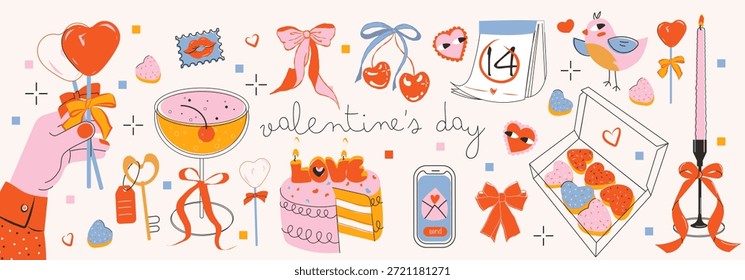 Elementos lindos del diseño plano dibujado a mano para el día de San Valentín, invitación de la boda, tarjeta del cumpleaños. Ilustraciones de doodle vintage de moda. Arcos, corazones, cinta, cereza, pastel dulce, calendario, pájaro, piruletas