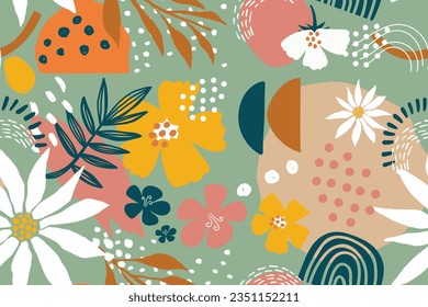 Hand drawn flat design floral pattern design. Abstract floral background with flowers and leaves. Hand drawn modern art. Vintage organic hand drawn nature doodle graphic.