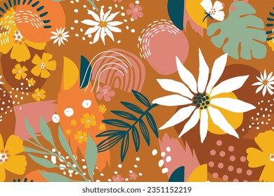 Hand drawn flat design floral pattern design. Abstract floral background with flowers and leaves. Hand drawn modern art. Vintage organic hand drawn nature doodle graphic.