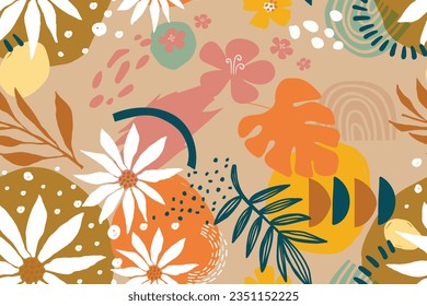 Hand drawn flat design floral pattern design. Abstract floral background with flowers and leaves. Hand drawn modern art. Vintage organic hand drawn nature doodle graphic.