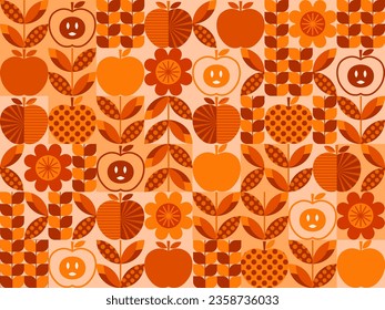 Geometrisches Mosaikmuster mit handgezeichnet flachen Formen und saisonalen Früchteformen