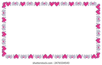 Hand drawn flat design hearts border and frame.
