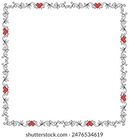 Hand drawn flat design hearts border and frame.