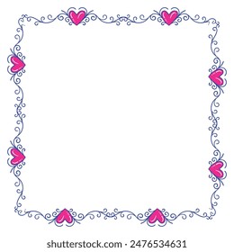 Hand drawn flat design hearts border and frame.