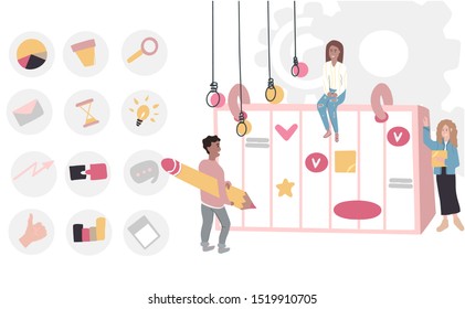 Hand drawn flat design illustration Project planning schedule and calendar concept, planning event, set time management icons, people work together