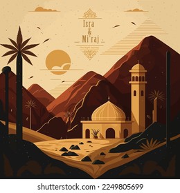 handgezeichnetes flaches Design Isra Miraj, der Nachtprophet Mohammed, Hintergrund.