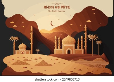 hand drawn flat design Isra Miraj, the night journey prophet Muhammad, illustration background.