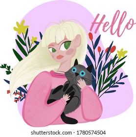 Hand drawn flat design post card. Typography fashion print with girls and cat. Cute girlish print