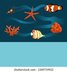 Hand drawn flat design set. Sea creatures - clown fish, butterfly fish, shrimp, starfish and sponges on the gradient background.