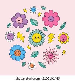 Hand Drawn Flat Design Smiley Face Flower Vector Illustration.