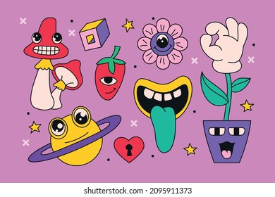 Diseño plano dibujado a mano conjunto de elementos de dibujos animados de moda