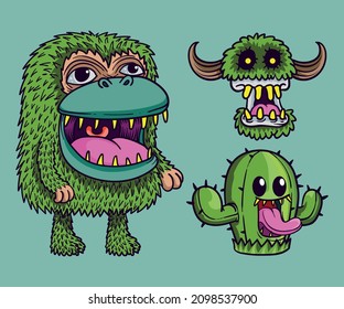 Hand drawn flat design trendy monster cartoon 