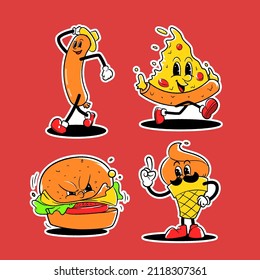 Hand drawn flat design trendy fast food cartoon character element collection set