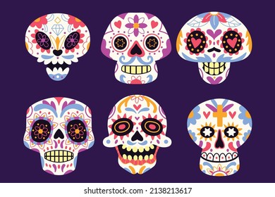 hand drawn flat dia de muertos skulls collection set vector