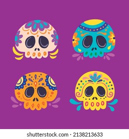 hand drawn flat dia de muertos skulls collection set vector