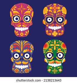 hand drawn flat dia de muertos skulls collection set vector