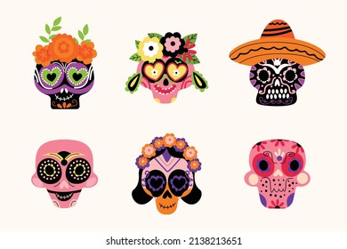 hand drawn flat dia de muertos skulls collection set vector