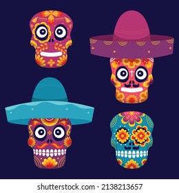 hand drawn flat dia de muertos skulls collection set vector