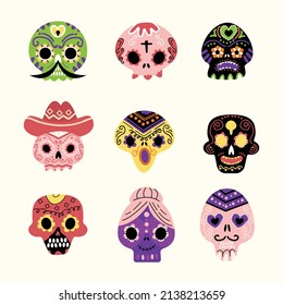 hand drawn flat dia de muertos skulls collection set vector