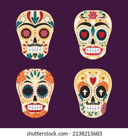 hand drawn flat dia de muertos skulls collection set vector