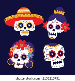 hand drawn flat dia de muertos skulls collection set vector