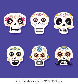 hand drawn flat dia de muertos skulls collection set vector