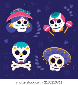 hand drawn flat dia de muertos skulls collection set vector