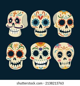 hand drawn flat dia de muertos skulls collection set vector