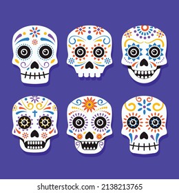 hand drawn flat dia de muertos skulls collection set vector