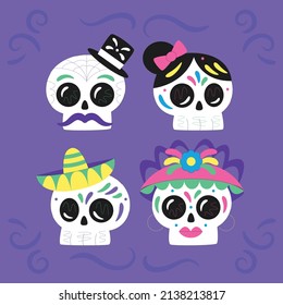 hand drawn flat dia de muertos skulls collection set vector