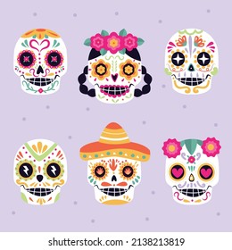 hand drawn flat dia de muertos skulls collection set vector