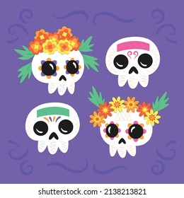 hand drawn flat dia de muertos skulls collection set vector