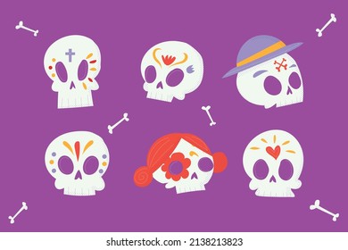 hand drawn flat dia de muertos skulls collection set vector