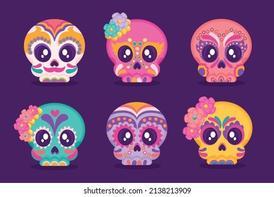 hand drawn flat dia de muertos skulls collection set vector