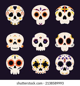 hand drawn flat dia de muertos skulls collection set vector