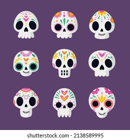 hand drawn flat dia de muertos skulls collection set vector