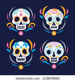 hand drawn flat dia de muertos skulls collection set vector