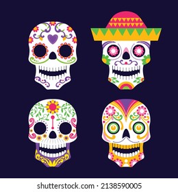 hand drawn flat dia de muertos skulls collection set vector
