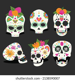 hand drawn flat dia de muertos skulls collection set vector