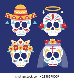 hand drawn flat dia de muertos skulls collection set vector