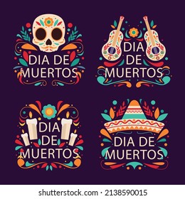 hand drawn flat dia de muertos skulls collection set vector