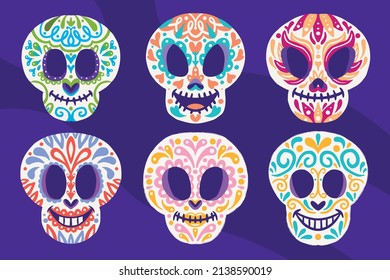 hand drawn flat dia de muertos skulls collection set vector