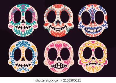 hand drawn flat dia de muertos skulls collection set vector